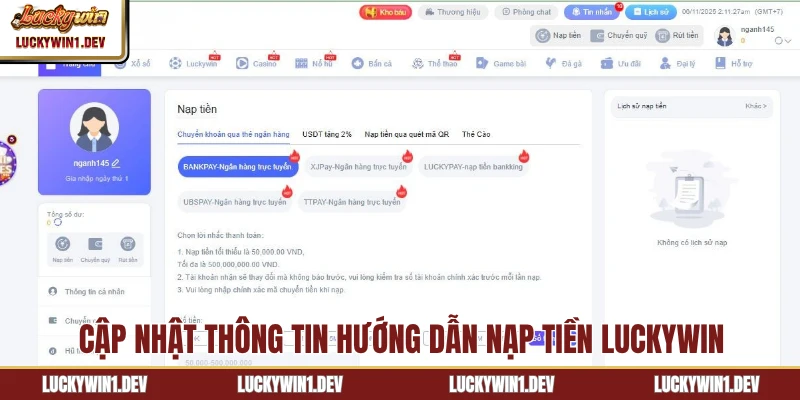 Cập nhật thông tin hướng dẫn nạp tiền LuckyWin